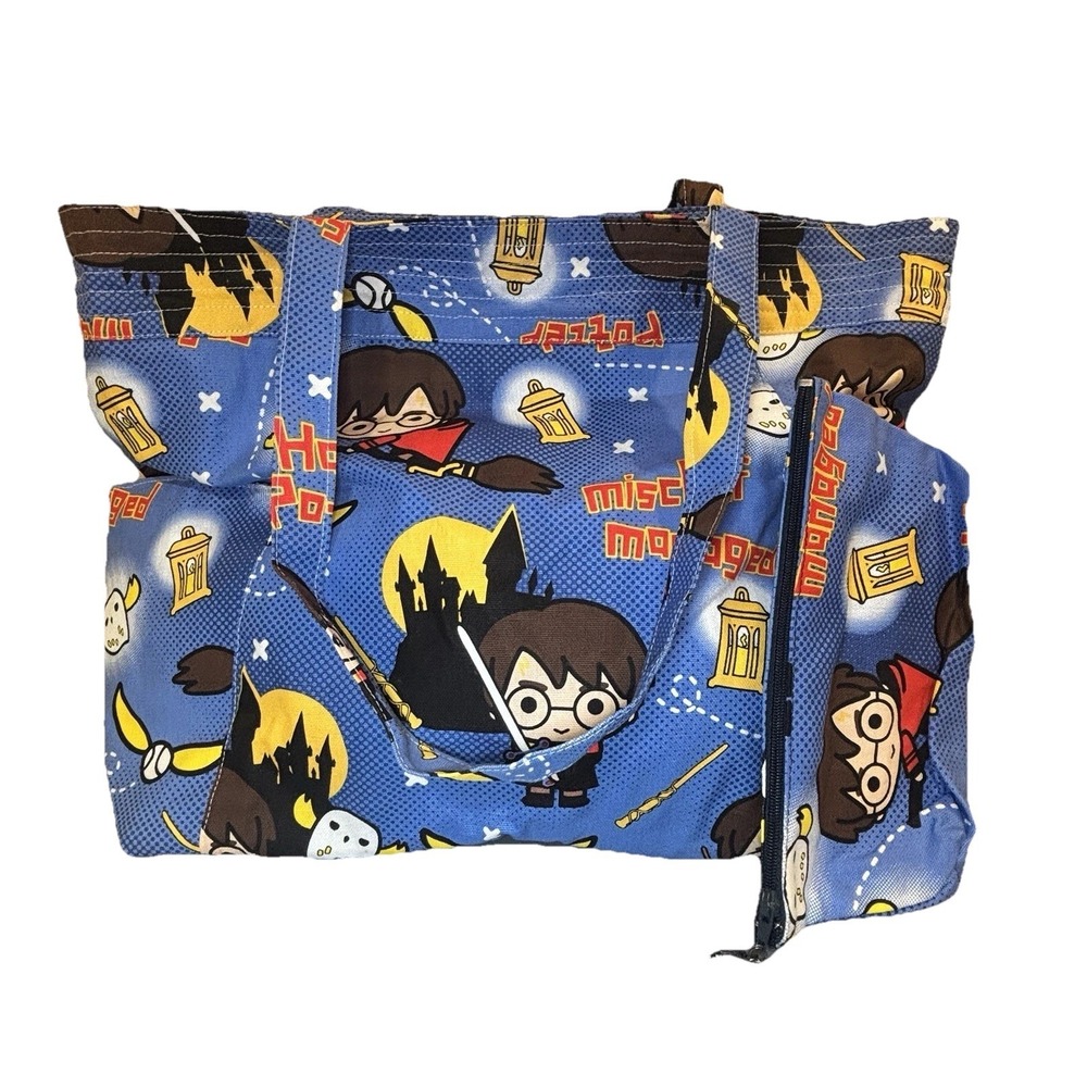 Harry Potter Blue Beach Shopping Tote Bag & Zip Pouch, Outside Pockets 2 Handles